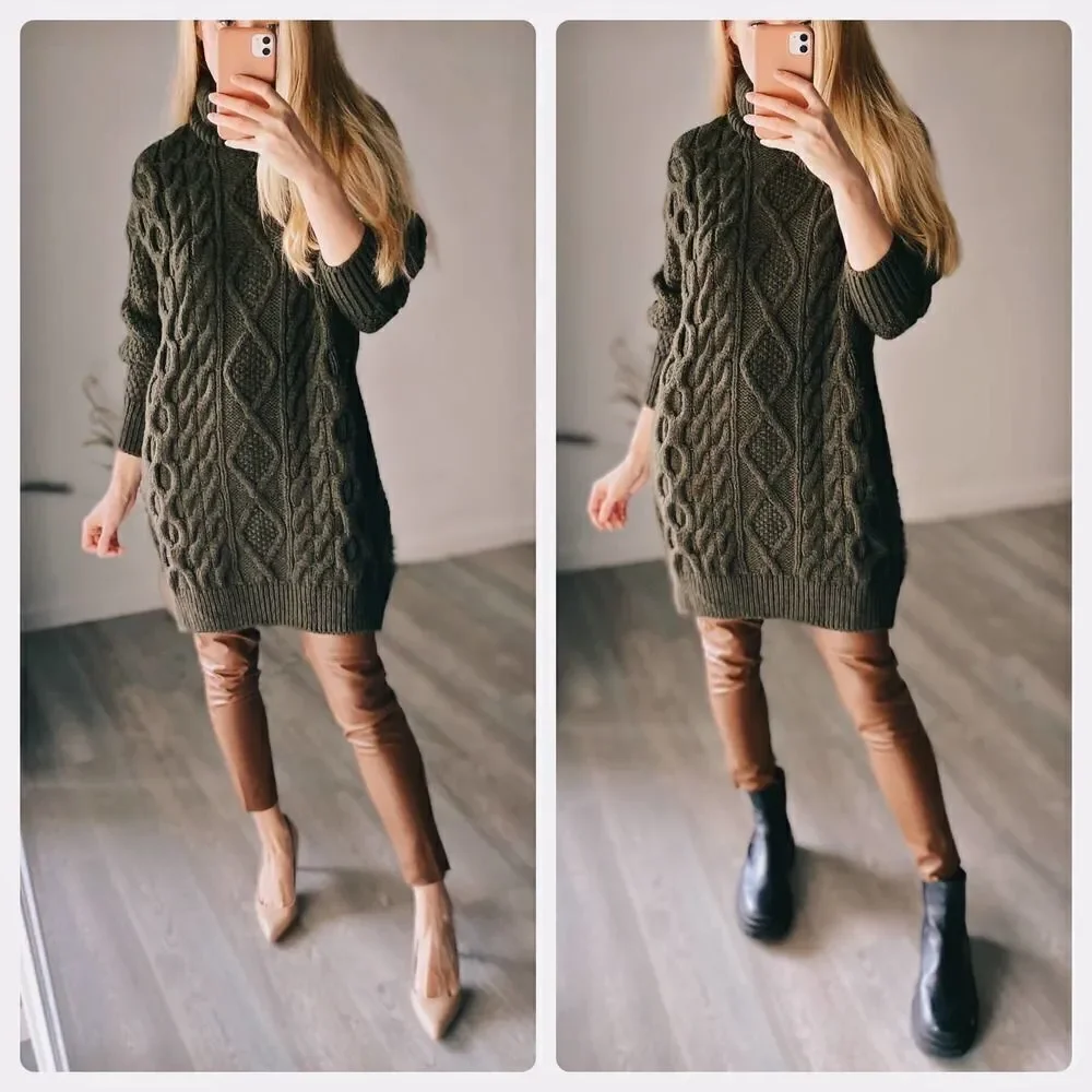 Mango Cable Knit Chunky Dress Braids Oversized Turtleneck Khaki - Picture 4 of 7